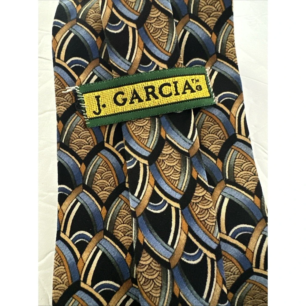 J. Garcia Art-Inspired Silk Tie Blue Gold Geometric Pattern 90s Abstract 3.75x59